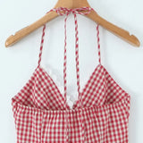 Purpdrank  Sexy Red White Plaid Spliced Lace Lacing Up Bow Halter V Collar Mini Dress Women Ruffles Hem A-line Short Dresses Robe Vestidos