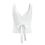 Purpdrank  Sexy White V neck Low Ruched Bra Chest Tank Tops Women Tie Bow Sashes Zipper Back Crop Tank Girl Tee