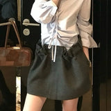 Purpdrank  New Autumn Gray Black Houndstooth Plaid Woollen Mini Skirt Women Ruched High Waist Ball Gown Short Skater Party Femme Skirts