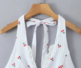 Purpdrank  Sexy White Red Fruit Tie Bow Halter V neck Open Buttons Slim Tank Top Women Spliced Lace Hem Sleeveless Backless Tee Summer Vest