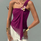 Purpdrank  Mesh Irregular One Shoulder Flower Decor Tank Top