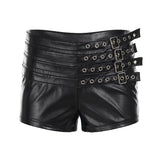 Purpdrank  Dark Pu Leather Shorts Gothic Multi-Strap Buckle Eyelet Detail Low-Waisted Shorts Punk Style Streetwear Party Bottoms Women