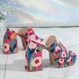 Purpdrank  Fashion Flower Print Chunky Heel Sandals Women Outdoor Party Super High Heels Slippers Woman Square Toe Platform Sandles 36-42