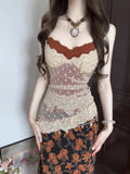 Purpdrank  Y2k Aesthetic Two Pieces Set Women Fake Two Pieces Lace Sexy Tank Top + High Waist Vintage Printing Skirts Fairy Grunge Suit