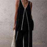 Purpdrank  Casual Loose Splicing Outfits Tracksuit Fashion Two Piece Set for Women Elegant Sleeveless V Neck Vest Top Wide Leg Pants Set