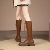 Purpdrank - 2023 New Genuine Leather Lace-up Boots Women Zip Fashion Knee High Boots Thick Fur Winter Warm Motorcycle Boots Platform Boots