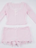 Purpdrank  Y2K Hot Girl Lace Hem 2 Piece Set Fashion Bow Long Sleeve Crop Top & Bodycon Mini Skirt Matching Suits Casual Women Outfit