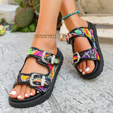 Purpdrank  Women's Summer Bohemian Style Slippers Fashion Double Buckle Platform Sandals Woman Colorful Embroider Thick Sole Beach Slides
