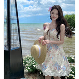 Purpdrank  Summer New Niche Retro Floral Lace Rose Tie Strap Dress for Women