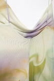 Purpdrank  2025 Women Fashion Pleat V Neck Tie Dyed Print Mesh Yarn Sling Long Dress Female Chic Summer Beach Wear Vestidos DS9321