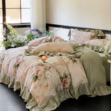 Purpdrank  Vintage French Rose Flowers Prints Ruffles Bedding Set 100% Cotton Brushed Fabric Duvet Cover Set Bed Sheet Pillowcases 4Pcs