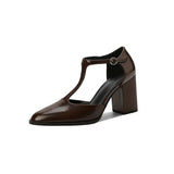 Purpdrank  New Fashion Lacquer Leather T-shaped Pumps Round Toe Square Heel Straw Shoes French High Heels One Button Baotou Sandals