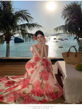 Purpdrank  Super Fairy Large Swing Atmosphere Pink Rose Flower Retro Square Neck Strap Long Dress Design Sense Beach Vacation Dress