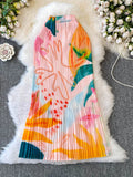 Purpdrank  Korean Spring/Summer High Waist Print Pleated Slim Long Skirts