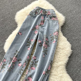 Purpdrank - Women Sweet Korean Pink Sweet 3 Pieces Set For Women Knitted Sling Vest +sunscreen+floral Print Wide Leg Denim Long Pants Suits