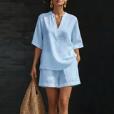 Purpdrank  Spring Summer Bohemian Vacation Beach Outfit Sexy V Neck Short Sleeve Loose Top Pocket High Waist Shorts Sets Casual Street Suit