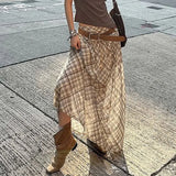 Purpdrank  Women's Summer Spring Half Skirt Plaid Mesh Low Waist Color Blocking See-through Thin Retro Simple Loose Casual Design Fashion