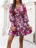 Purpdrank  Spring Sexy V-neck Lace-Up A-Line Dress Autumn Fashion Pattern Print Draped Mini Dress 2026 Women Casual Long Sleeve Party Dress