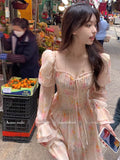Purpdrank  Girls long dresses Square Neck puff sleeves Floral Long Sleeve Chiffon Dresses Women's clothing Summer vestidos largostraf
원피스
