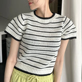 Purpdrank  Vintage Striped Women's Knitted T-shirts 2025 New Summer Casual Loose O-neck Hollow Out Knitwear Short Shirts Top Female
