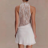 Purpdrank  White Hollow Out Sleeveless Satin Women's Dress New Temperament Slim Fit Party Dresses Lace Patchwork Sleeveless Evening Dress