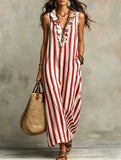 Purpdrank  Boho Striped Print Loose Maxi Dress Women Summer Fashion Sleeveless V-neck Long Dresses Elegant