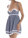 Purpdrank  Sexy Plaid Spliced Embroidery Lace Bra Corset style Mini Dress Women Bow Lacing up Backless Party Skater Sling Robe Holiday
