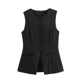 Purpdrank  Office Waistcoat y2k Clothes Women Solid Color Round Neck Single Breasted Sleeveless Suit Vest Elegant Tops Streetwear
