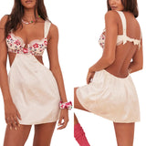 Purpdrank  Women's Summer Casual Sling Dress Lace Trim Rose Flower Print Sleeveless Sweet Dress Fashion Tie-Up Backless Mini Dress