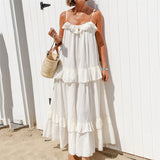 Purpdrank  Beach Dresses y2k Women Solid Color Spaghetti Strap Sleeveless Swing Tiered Ruffled Long Dress Vacation Party Dresses