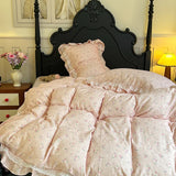 Purpdrank  French Floral Ruffles Princess Bedding Set Double Layer Yarn Pure Cotton Duvet Cover Set Pillowcases Flat/Fitted Bed Sheet 4Pcs