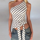 Purpdrank  Women's Sleeveless Top T-Shirt Blouse Ruffled Summer Asymmetrical Shoulder Fashion Bandeau Outerwear Irregular Sexy Striped