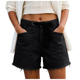 Purpdrank  Women's Blush Denim Shorts High Waist Frayed Hem Drawstring Casual Summer Jean Shorts American Retro Wide Leg A Line Hot Pants