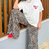 Purpdrank  Leopard Pants y2k Clothes Women Sexy Drawstring Elastic Waist Wide Leg Loose Trousers Chic Fashion Clothes Streetwear