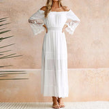 Purpdrank  Summer Sundress Long Women White Beach Strapless Long Sleeve Loose Sexy Off Shoulder Lace Boho Cotton Maxi Dress