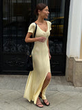 Purpdrank   Summer Women's Elegant Knit Maxi Dress Short Sleeve V-Neck Ribbed Side Slit Bodycon Long Dress Casual Party Evening Dress