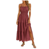 Purpdrank  Womens Smocked Waist Tiered Cami Dress Solid Color Spaghetti Strap Sleeveless Summer Dresses Casual Flowy Boho Beach Maxi Dress