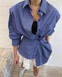 Purpdrank  Vintage Plaid Shirts Women Harajuku Pleated Patchwork Blouses Ladies Streetwear Korean Bandage Long Sleeve Casual Design Tops