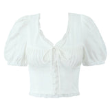 Purpdrank  Sexy Corset White Ruched Chest Spliced Lace V Collar Short Puff Sleeve Shirt Women Drawstring Tie Bow Center Buttons Crop Tops