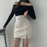 Purpdrank   Pu Leather Skirt Female Black High Waist Split Hot Girl Midi Skirts Autumn Winter Slim Streetwear Strappy A-line Sexy Skirt