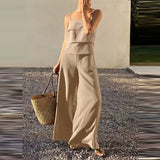 Purpdrank  Summer Elegant Lady Outdoor Commute Sets Fashion Solid Color Halter Vest And Pants Sets  Casual High Waist Wide Leg Pants Outfit
