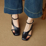 Purpdrank  NEW Summer Women Sandals Split Leather Shoes for Women Square Toe Kitten Heel Shoe Narrow Band Bcukle Strap Shoes Modern Sandals