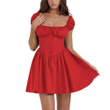 Purpdrank  Women Summer Dress Sleeveless Square Neck Corset Waist Button Front Short Dresses Casual A-Line Flowy Tank Dress Y2k Streetwear