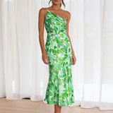 Purpdrank  Elegant Oblique Shoulder Pleated Floral Print Spaghetti Dresses For Women Sexy Backless Strape Summer Midi Dress Vestidos