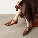 Purpdrank   Summer Women Sandals Genuine Leather Shoes for Women Pointed Toe Chunky Heel Shoes Elegant Cover Toe Slingback Hollow Sandals