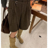 Purpdrank  Korean Plaid Print Woolen Shorts High Waist Wide Leg Shorts Women Office Casual Belted Half Pants Autumn Winter Trousers 529A