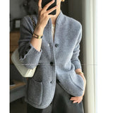 Purpdrank - Autumn Winter New Thickened 100% Cashmere Wool Cardigan Women Stand Neck Sweater Sweater Loose Knit Base Wool Sweater Jacket