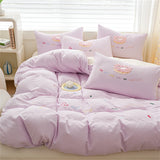 Purpdrank  Pink Bedding Sets Solid Color Washed Cotton Home Girls Bedroom Decor Duvet Cover Pillowcase Bedspread Embroidery Four Piece Set