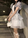 Purpdrank  Princess Style Floral Print Puffy Sleeve Short Dress Women's Summer Tea Break Waist Cinched Bubble Skirt City Walk Dress