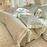 Purpdrank  Korean Princess Style Floral Prints Ruffles Bedding Set Double Layer Yarn 100% Cotton Duvet Cover Pillowcases Bed Sheet 4Pcs